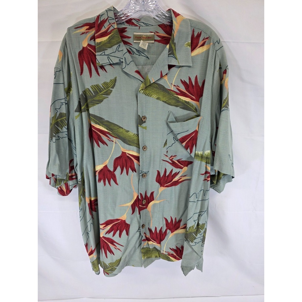 Original Island Sport Mens XL Hawaiian Shirt Bird of Paradise Rayon Sage Green